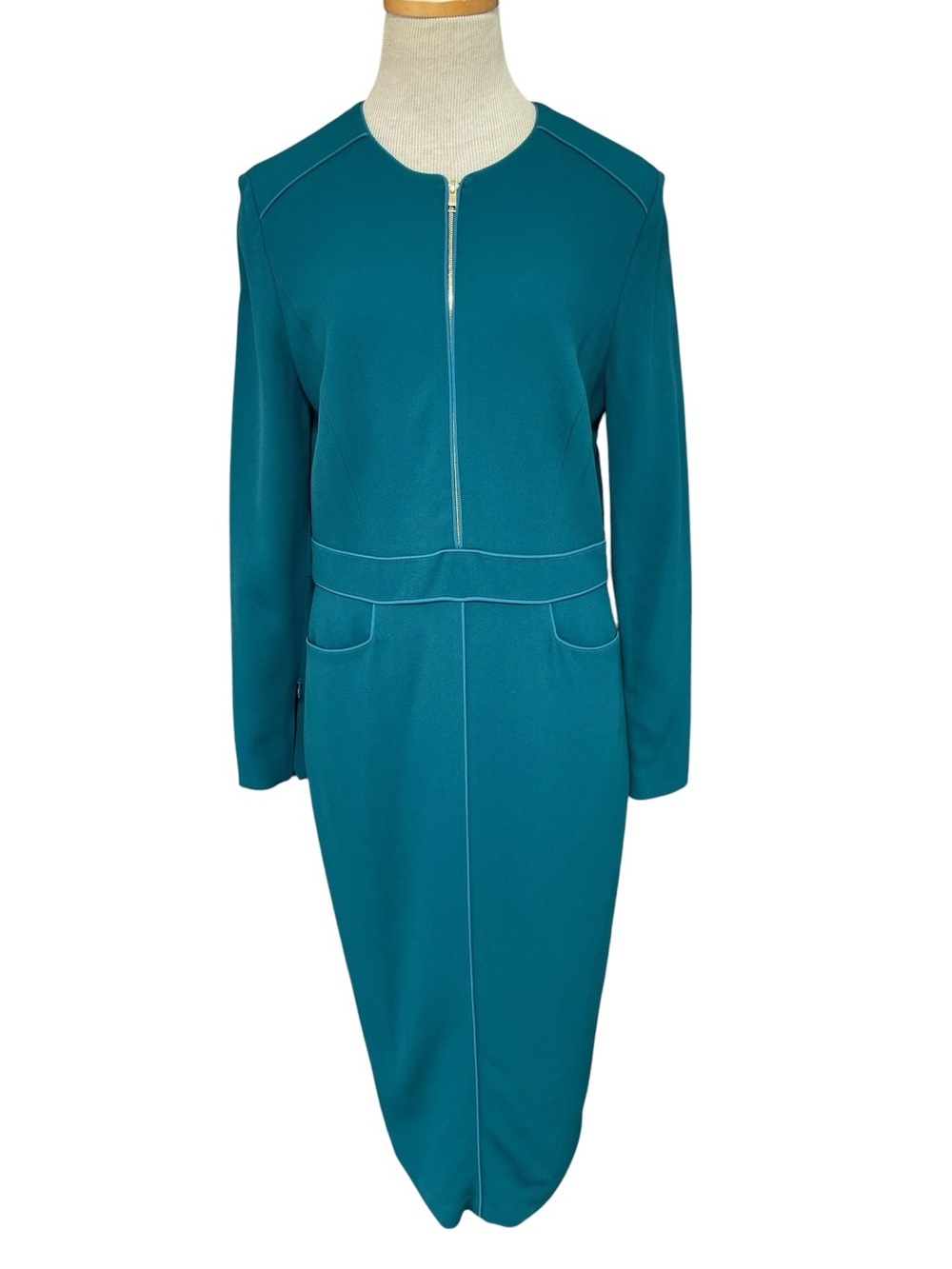 Escada Teal Long-Sleeve Zip-Front Sheath Dress Luxury Designer Medium